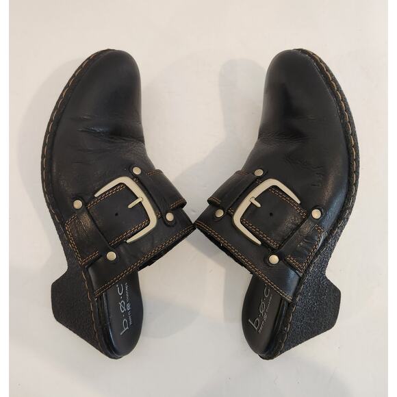 boc BORN CONCEPT Black Brown Leather Heeled Clog Buckle Detail Studded Womens 8 - Picture 10 of 12
